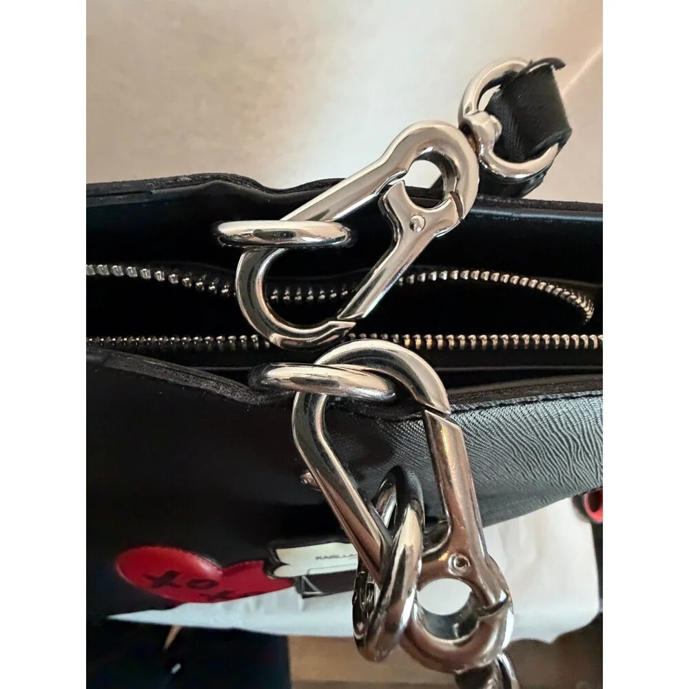Karl Lagerfeld Paris Tote Black Saffiano Karl Choupette Patches Bag Charm Zip